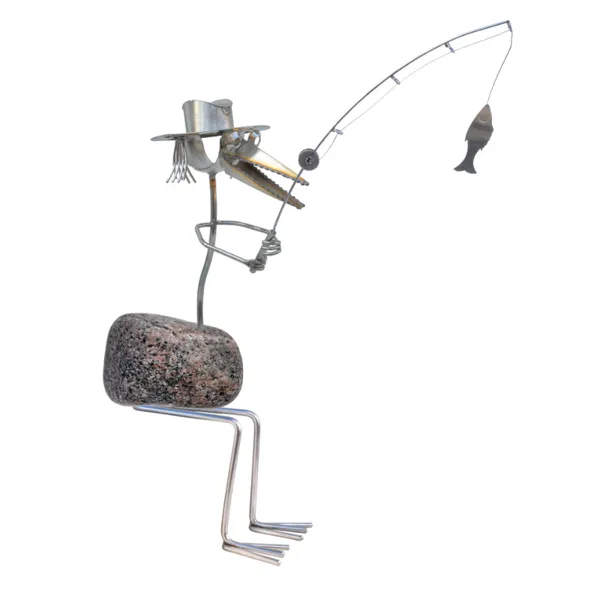 CARSTEN ANGLER SITZEND - Carsten sitting with a fishing rod - stainless steel stone bird