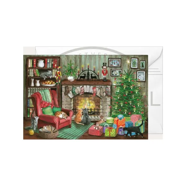 2944 - Christmas folding card - Cats by the fireplace