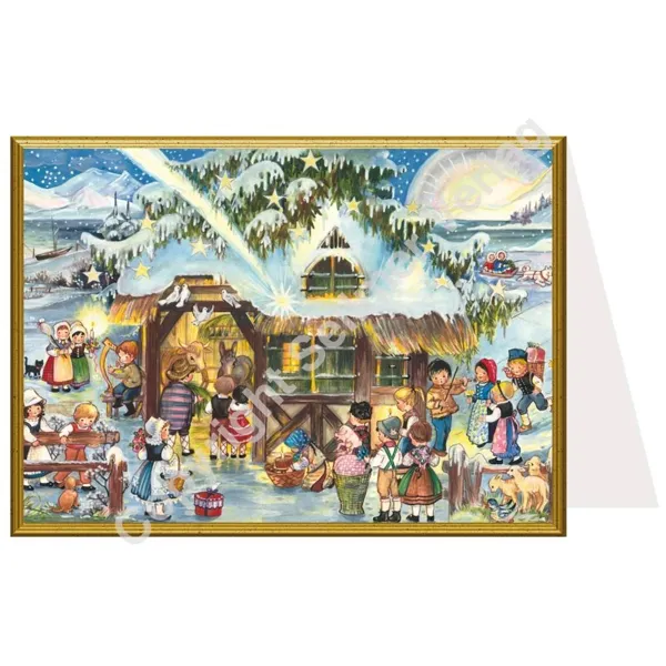 Christmas card - Colourful hustle and bustle at the stable