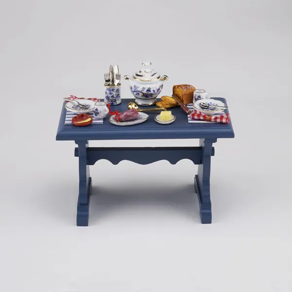 Dining table in wood, blue, gold onion