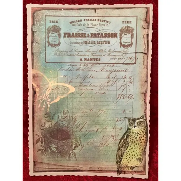 5028 - Postkarte Vintage Vogelnest und Uhu (mit Glimmer)