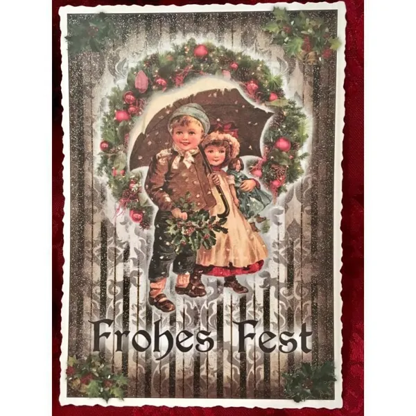 5034 - Postcard Christmas children with umbrella (with mica)
