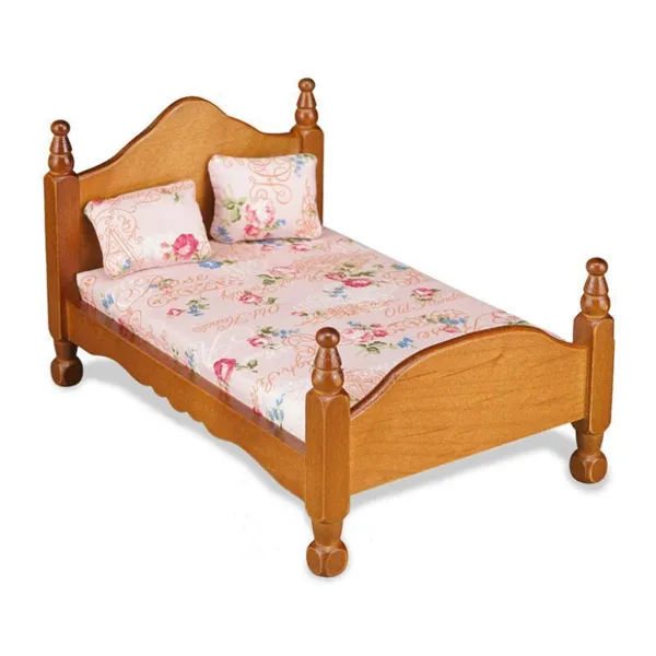001.829/0 - Wooden bed with mattress and two pillows, miniature